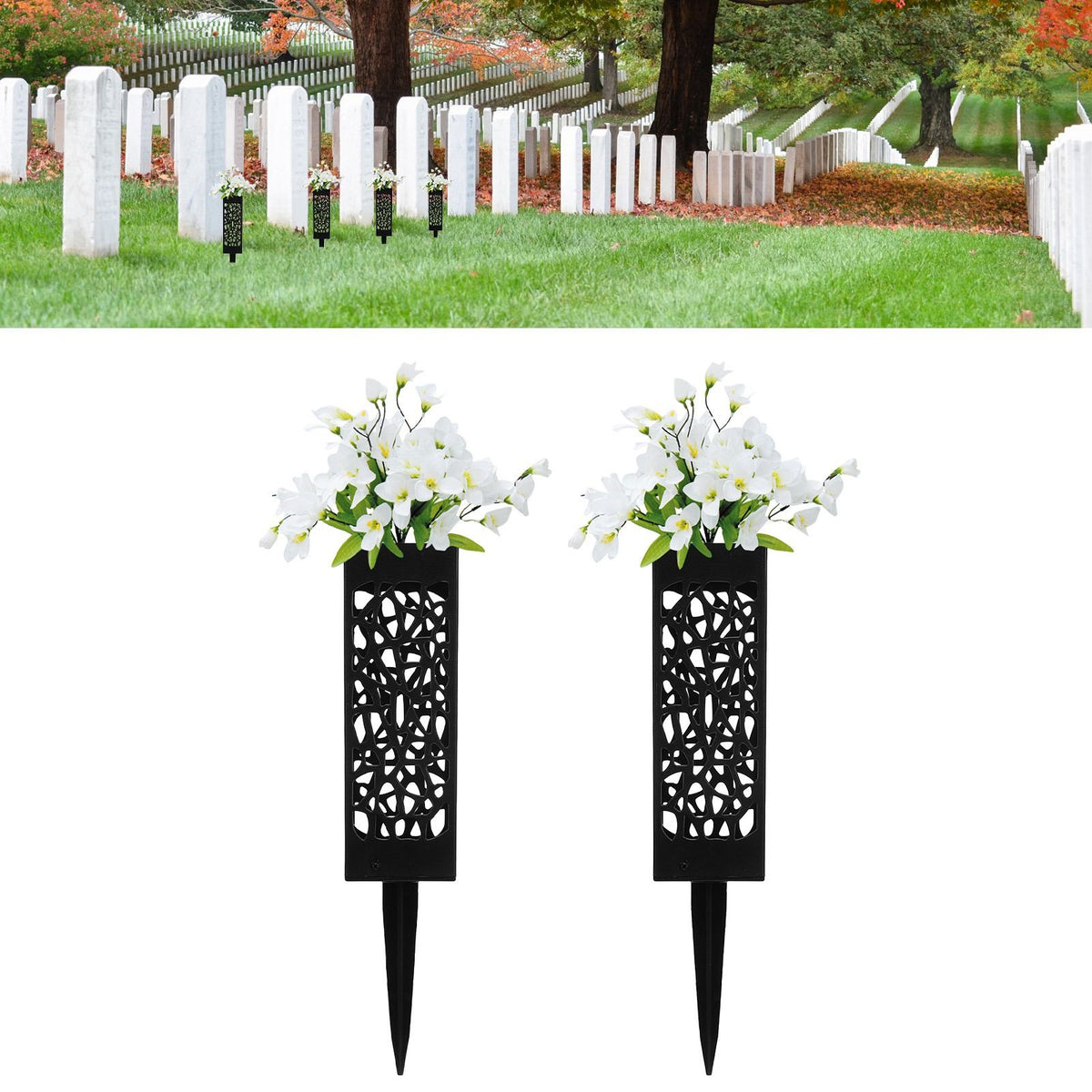 2Pcs Cemetery Grave Vase Black Column Unique Hollow Design Easy Installation Ground Insert Grave Flower Holders