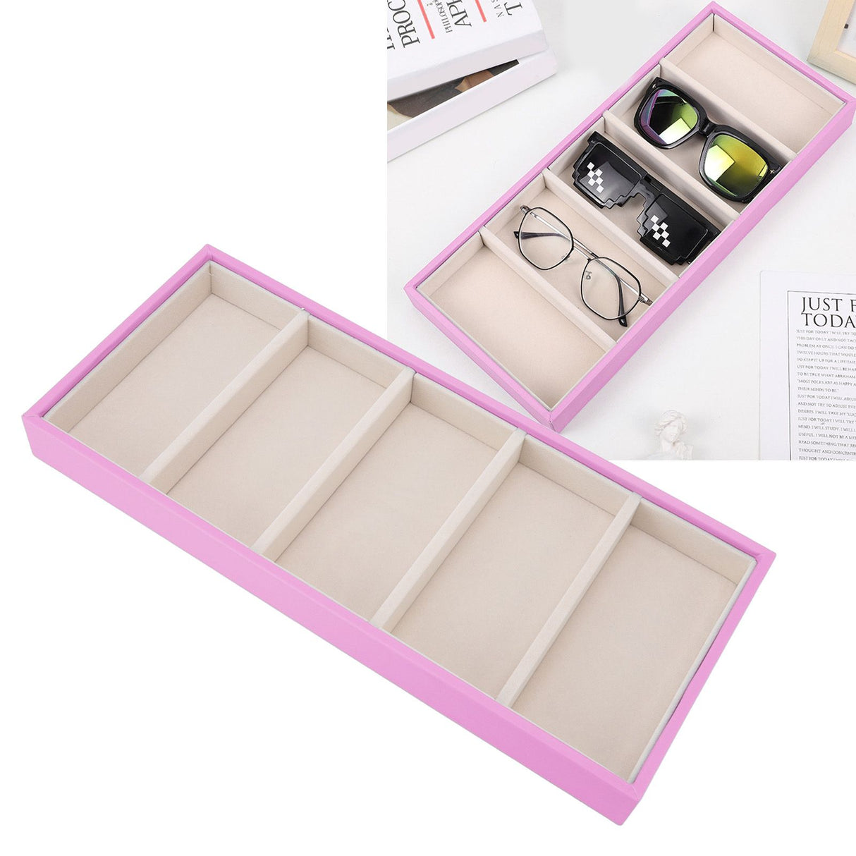 5 Grid Glasses Case Multifunction Space Saving 5 Slot Sunglasses Holder Storage Box Pink