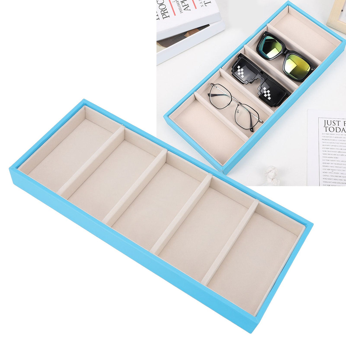 5 Grid Glasses Case Multifunction Space Saving 5 Slot Sunglasses Holder Storage Box Light Blue