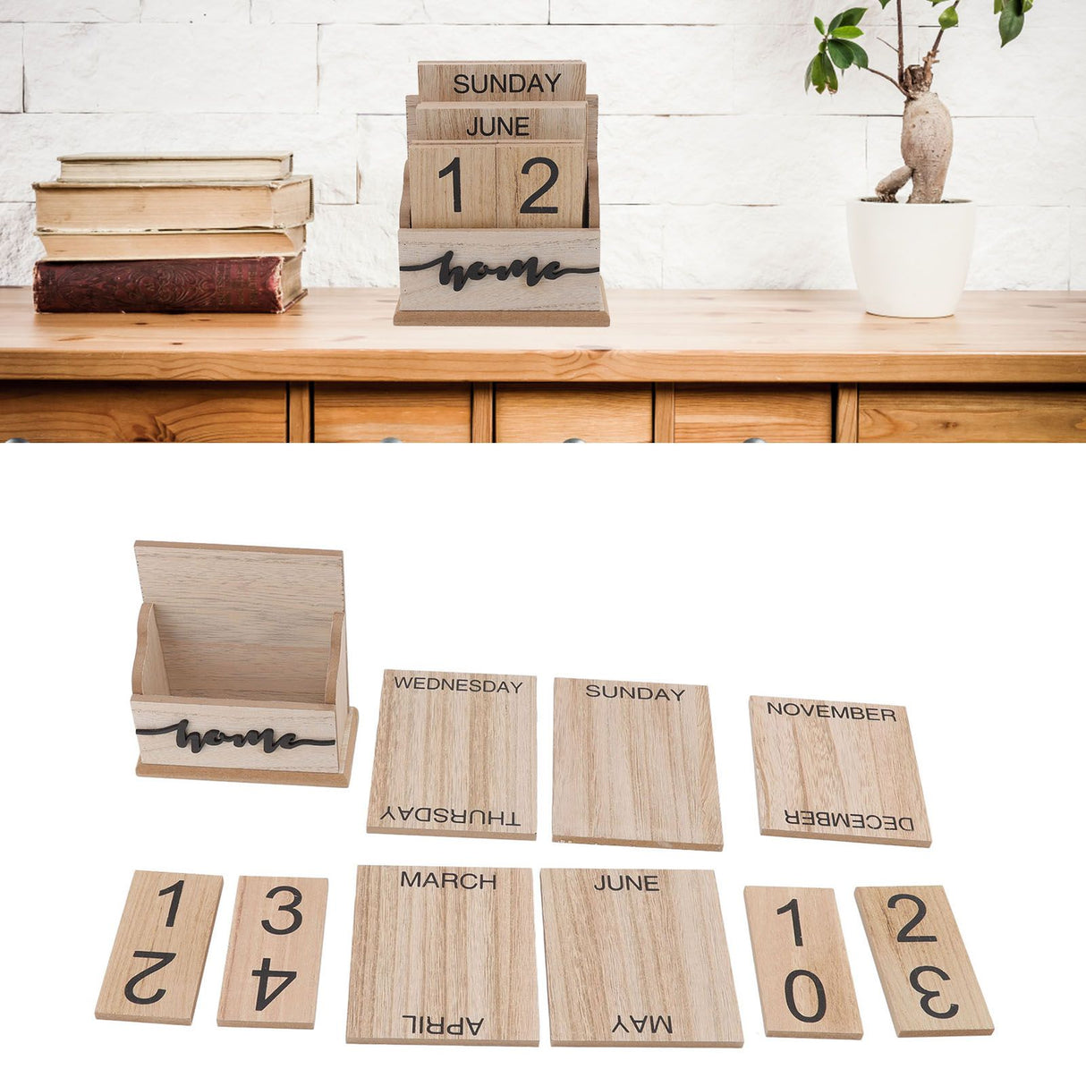 Wooden Perpetual Date Desk Calendar Manual Reusable Retro Beautiful Desktop Calendar Wood Block Calendar