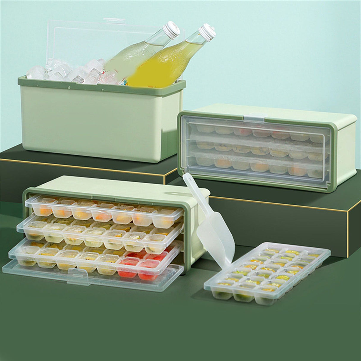 3 Layer Ice Cube Tray Large Capacity Easy Demoulding Pull Out Ice Cube Bin with Ice Shovel Lid for Yogurt Wine Summer 3 Layer Pull Out Ice Box Ice Shovel (Green)