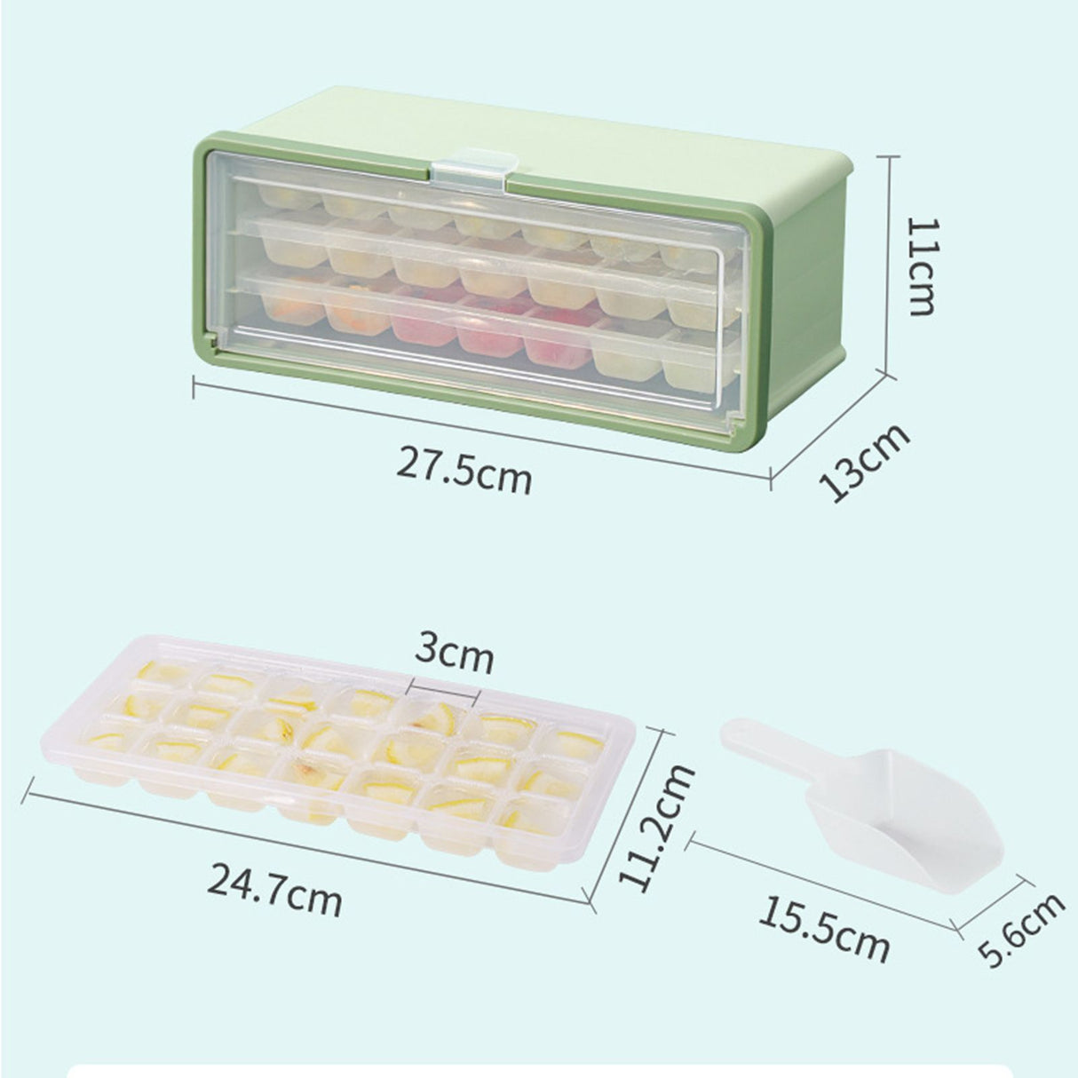 3 Layer Ice Cube Tray Large Capacity Easy Demoulding Pull Out Ice Cube Bin with Ice Shovel Lid for Yogurt Wine Summer 3 Layer Pull Out Ice Box Ice Shovel (Green)