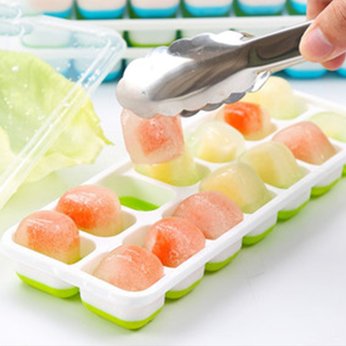 3 Layer Ice Cube Tray Large Capacity Easy Demoulding Pull Out Ice Cube Bin with Ice Shovel Lid for Yogurt Wine Summer 3 Layer Pull Out Ice Box Ice Shovel (Green)