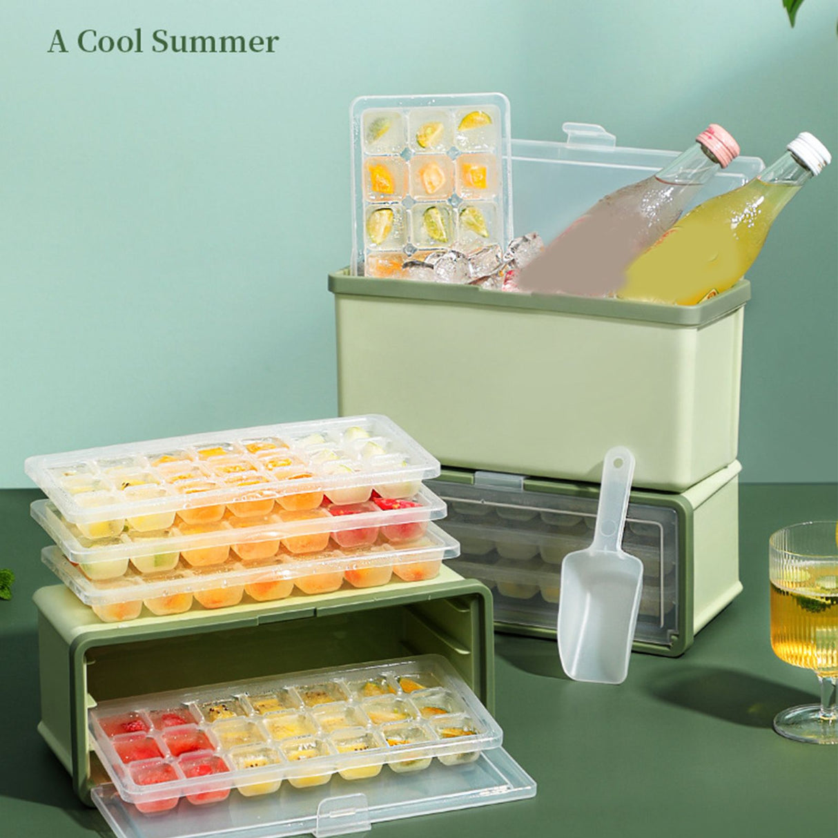 3 Layer Ice Cube Tray Large Capacity Easy Demoulding Pull Out Ice Cube Bin with Ice Shovel Lid for Yogurt Wine Summer 3 Layer Pull Out Ice Box Ice Shovel (Green)