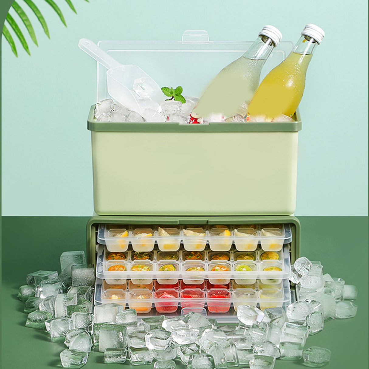 3 Layer Ice Cube Tray Large Capacity Easy Demoulding Pull Out Ice Cube Bin with Ice Shovel Lid for Yogurt Wine Summer 3 Layer Pull Out Ice Box Ice Shovel (Green)