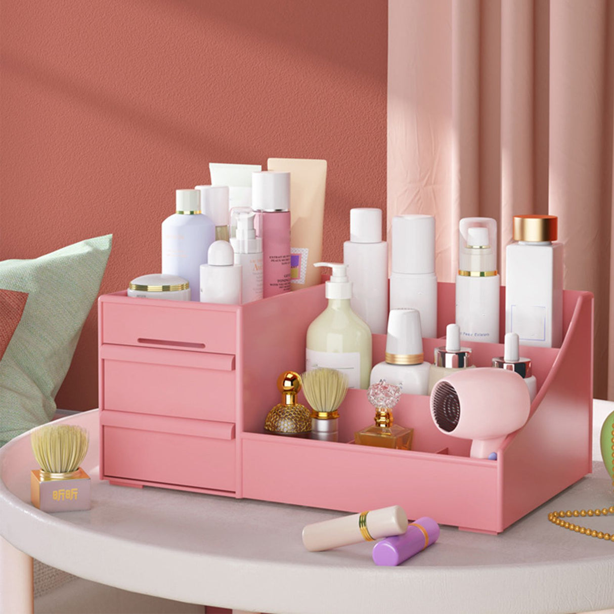 Makeup Storage Case Plastic Cosmetic Drawer Storage Box Multifunctional Storage Drawers for Bathroom Counter Pink 26.5x16x12cm / 10.4x6.3x4.7in