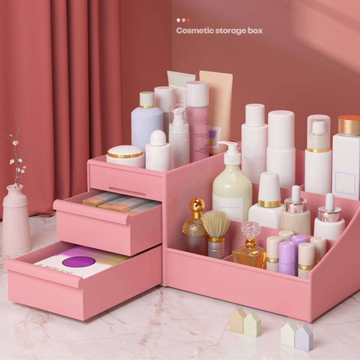 Makeup Storage Case Plastic Cosmetic Drawer Storage Box Multifunctional Storage Drawers for Bathroom Counter Pink 26.5x16x12cm / 10.4x6.3x4.7in