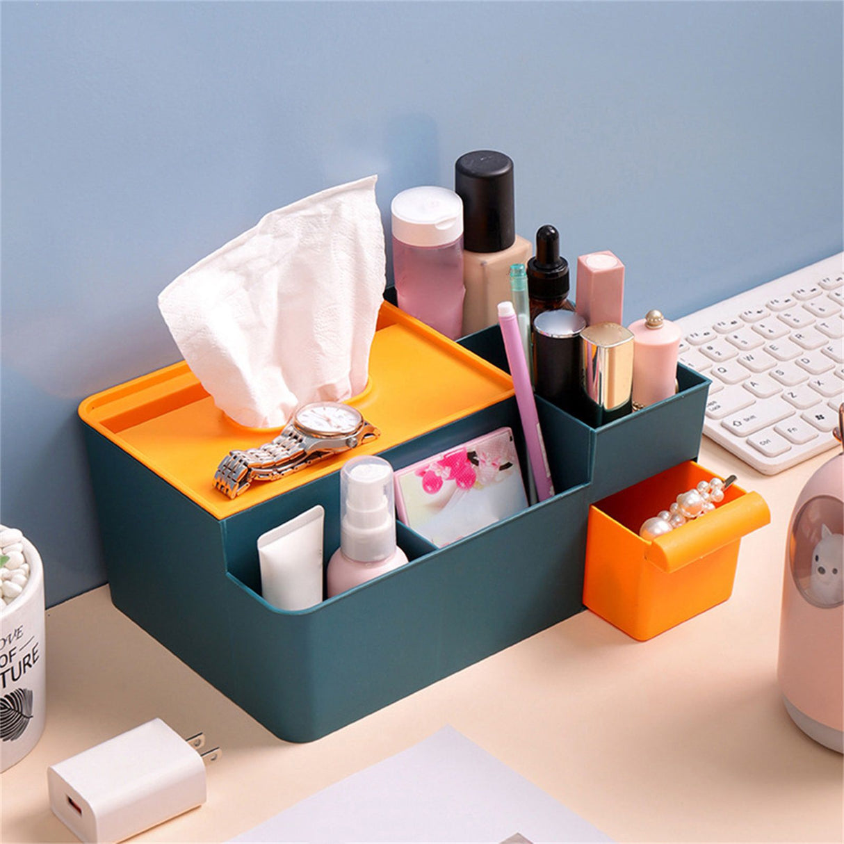 Tissue Box Holder Multi Functional Creativity Tissue Box Cover Coffee Table Paper Remote Control Storage Box for Home Green with Yellow
