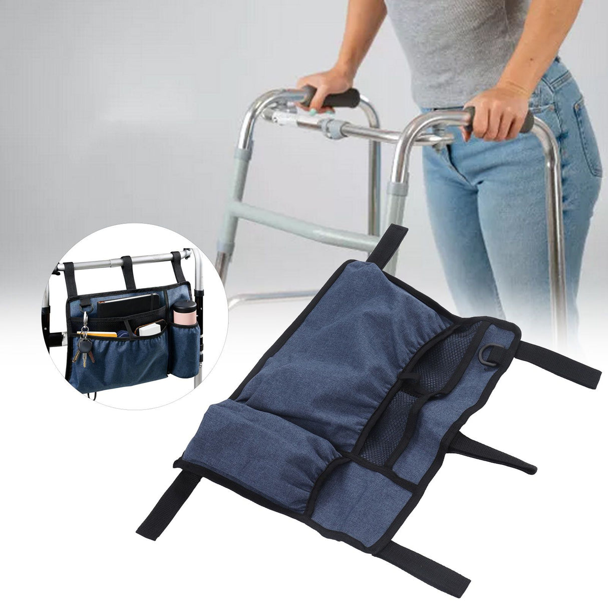 Multi Pocket Oxford Cloth Walker Storage Bag Wheelchair Side Hanging Storage Bag Walker Basket Bag Blue