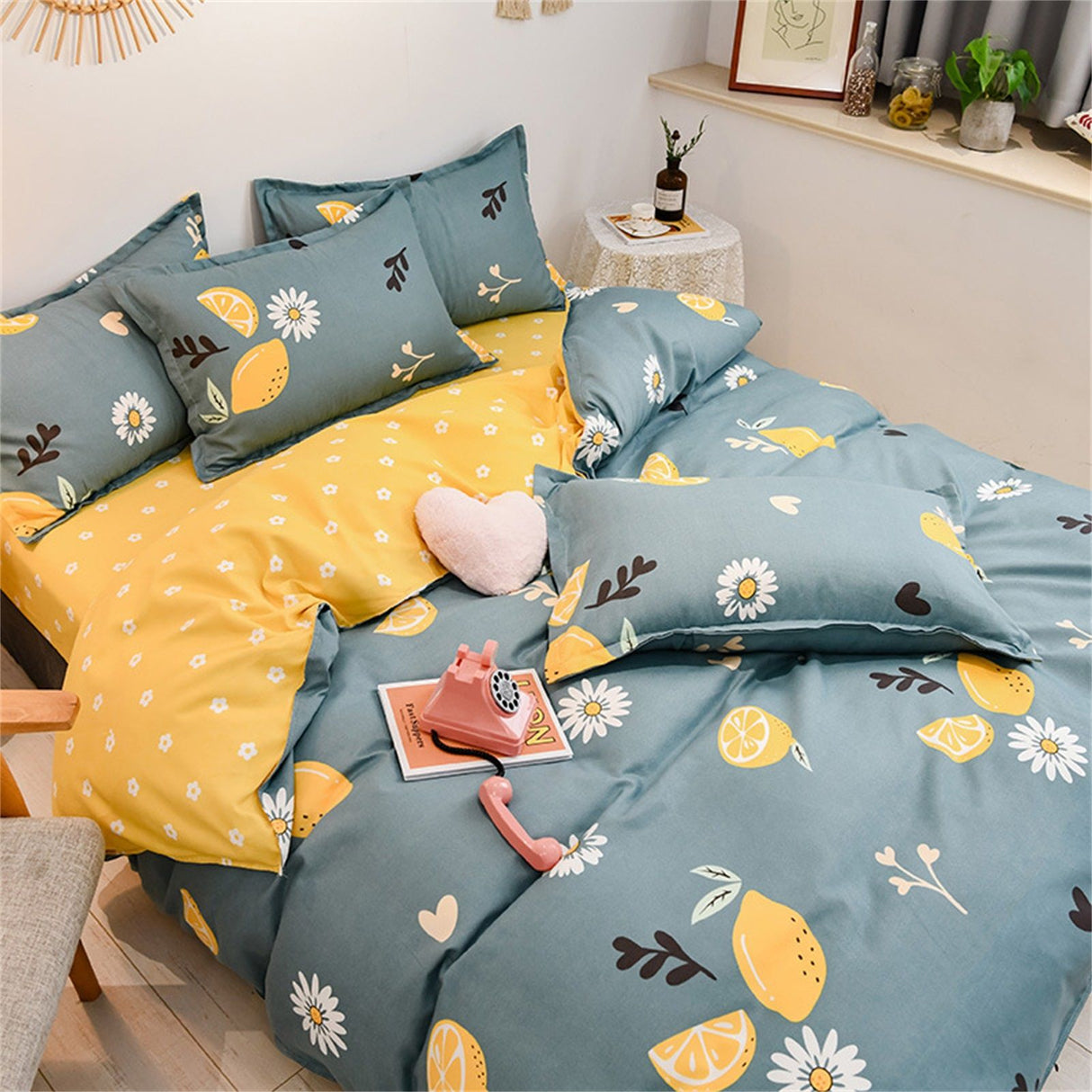 4pcs Bedding Set Soft Cotton Bed Sheet Quilt Cover Pillowcase Thickened Bedclothes for Home Lemon 1.2m/47.2in Sheet