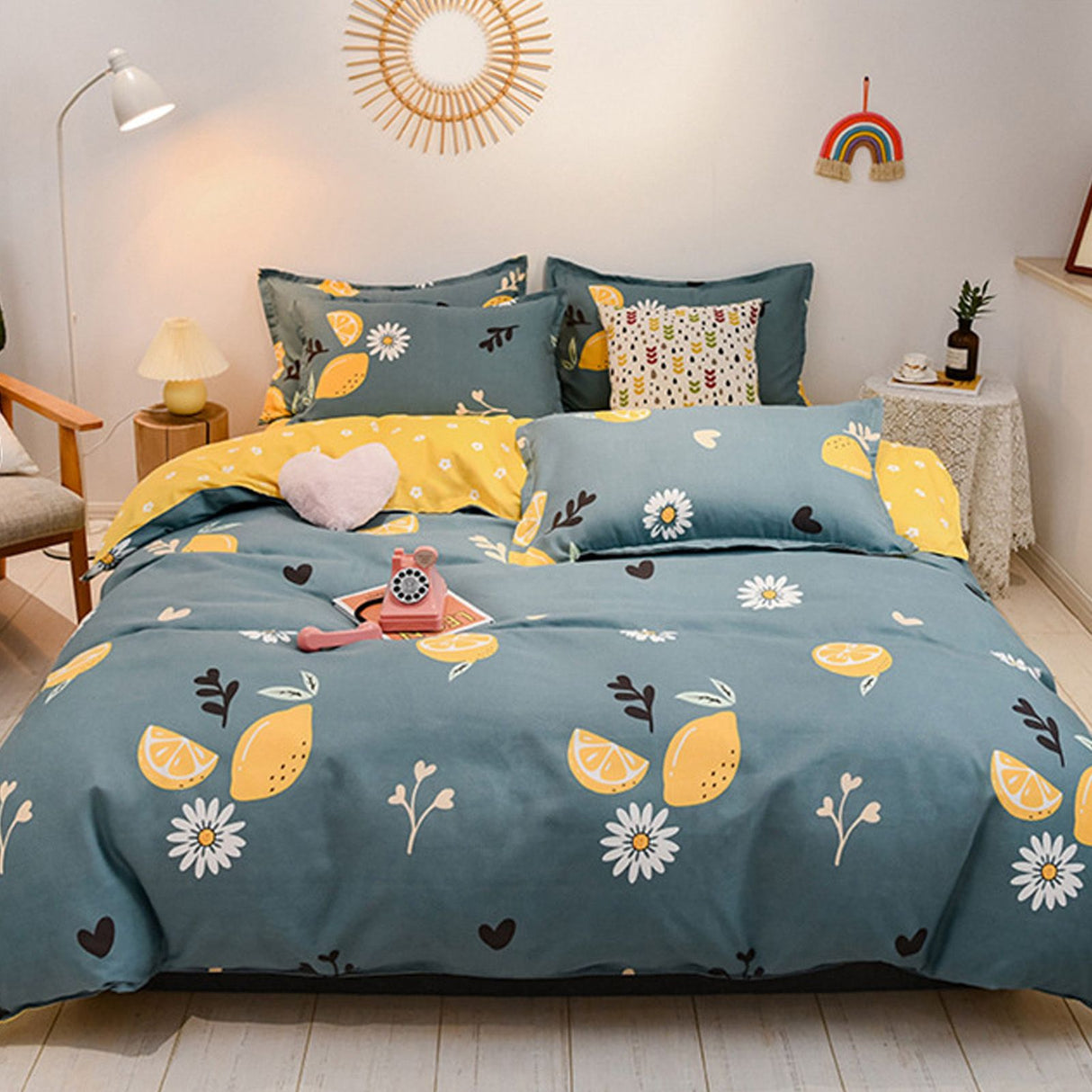 4pcs Bedding Set Soft Cotton Bed Sheet Quilt Cover Pillowcase Thickened Bedclothes for Home Lemon 1.2m/47.2in Sheet