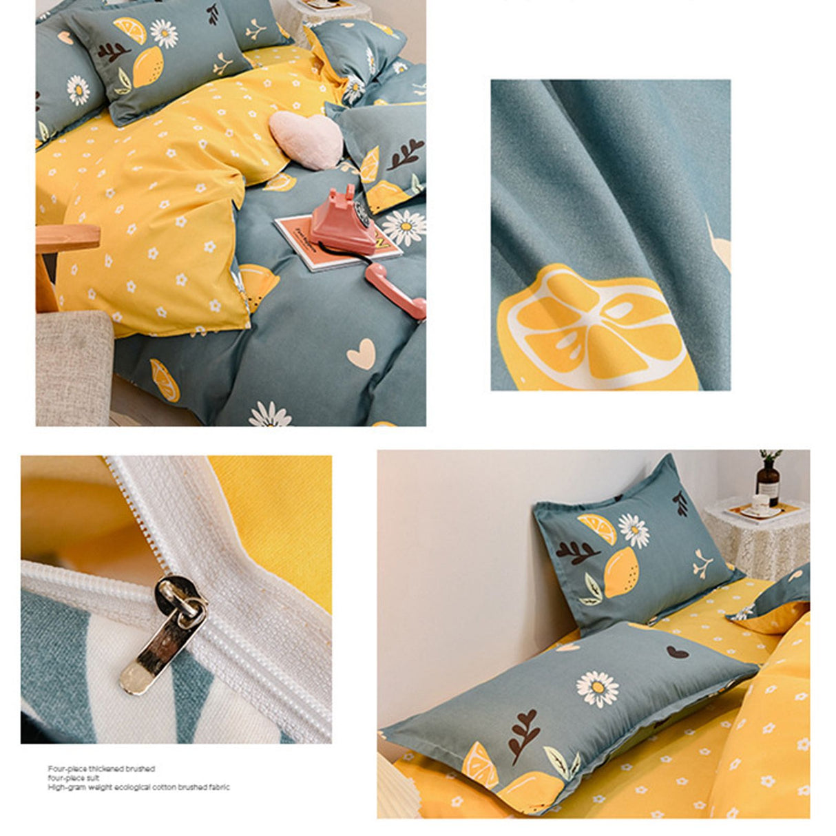 4pcs Bedding Set Soft Cotton Bed Sheet Quilt Cover Pillowcase Thickened Bedclothes for Home Lemon 1.2m/47.2in Sheet