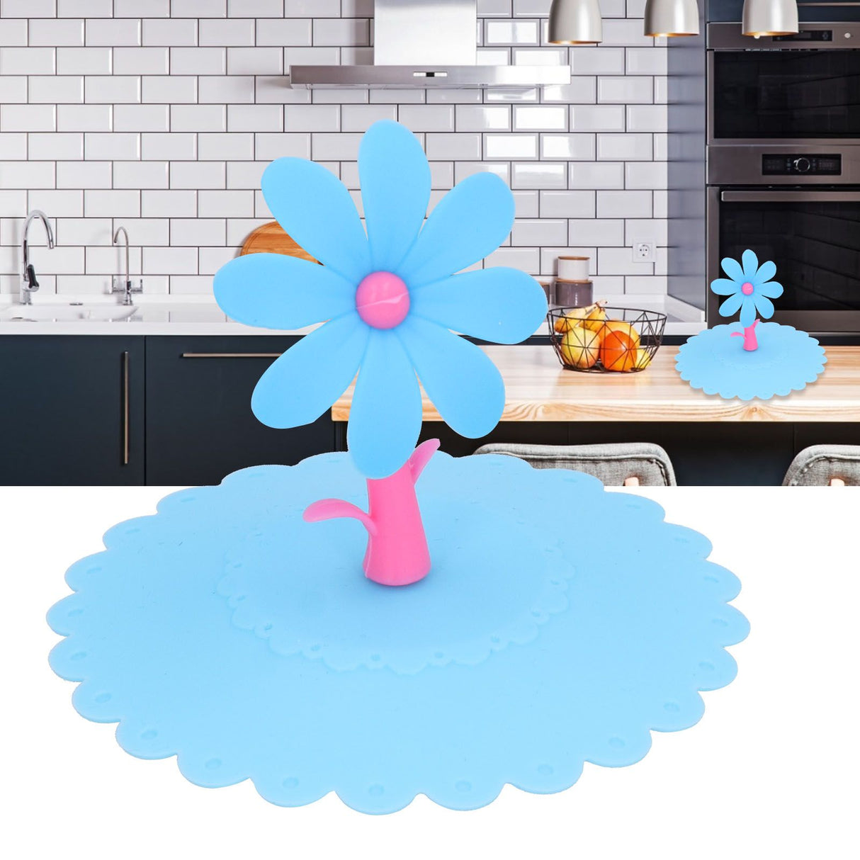 Silicone Lid Dustproof Hot and Cold Beverage Cup Cover with Flower Shape Handle for Kitchen HomeBlue