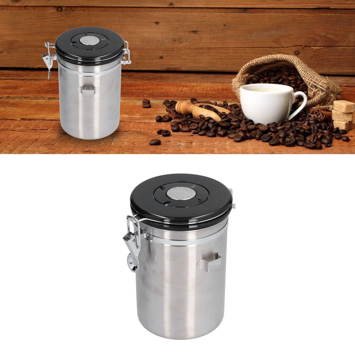 Stainless Steel Coffee Canisters with Calendar Wheel Exhaustable Coffee Jar for Home Coffee Shop1.8L Silver Color