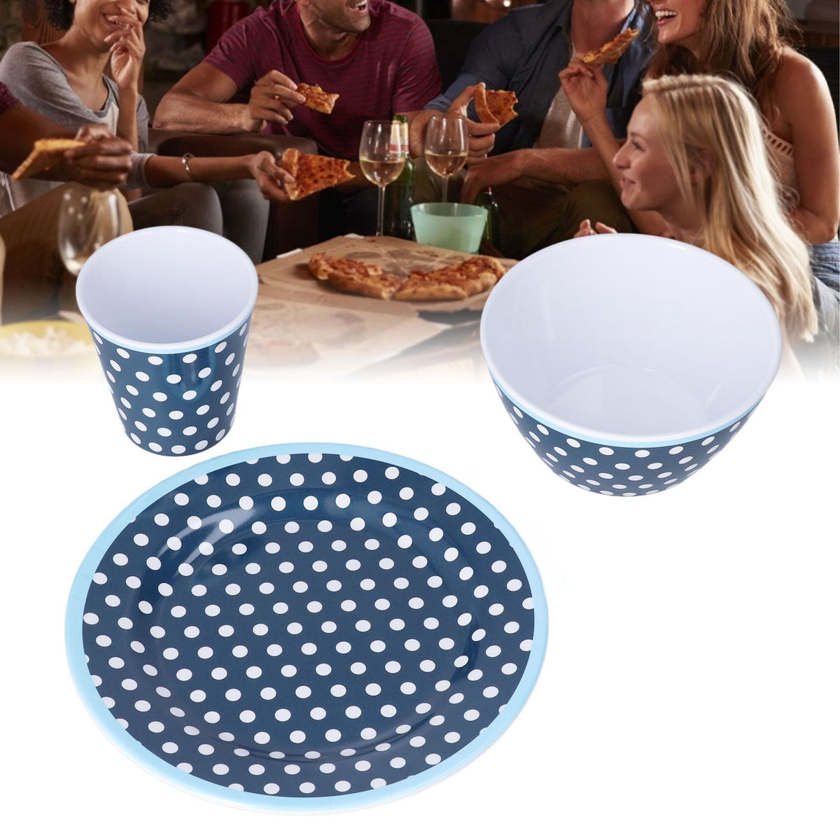 3 Piece Set of Salad Tableware Fruit Snack Plate Bowl and Cup Set Salad TablewareDark Blue Dots