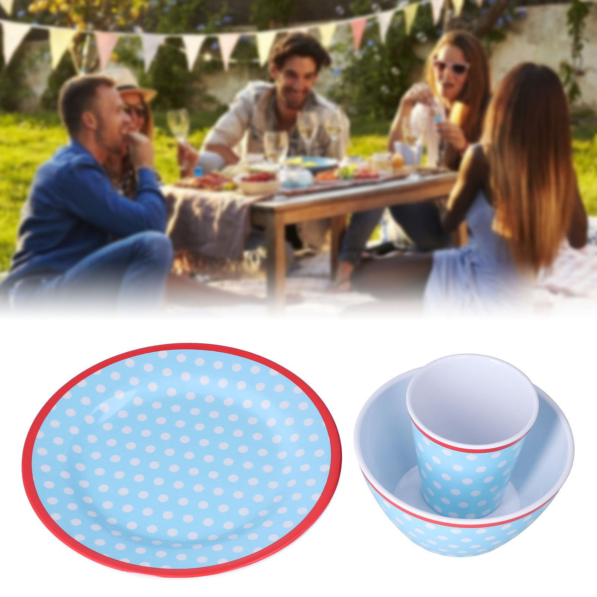 3 Piece Set of Salad Tableware Fruit Snack Plate Bowl and Cup Set Salad TablewareLight Blue Dots