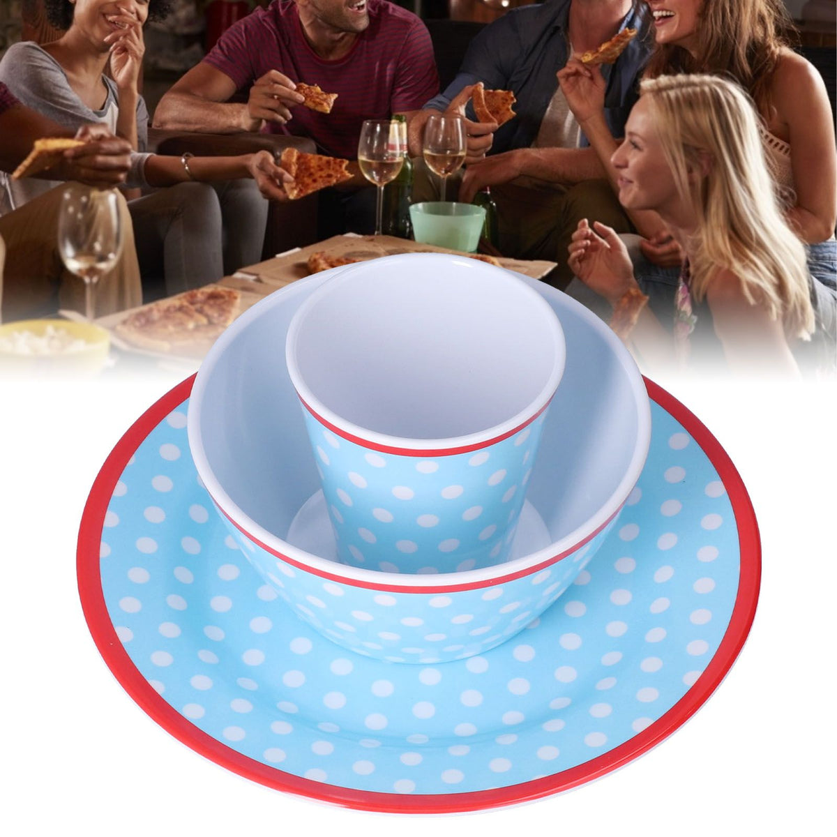 3 Piece Set of Salad Tableware Fruit Snack Plate Bowl and Cup Set Salad TablewareLight Blue Dots