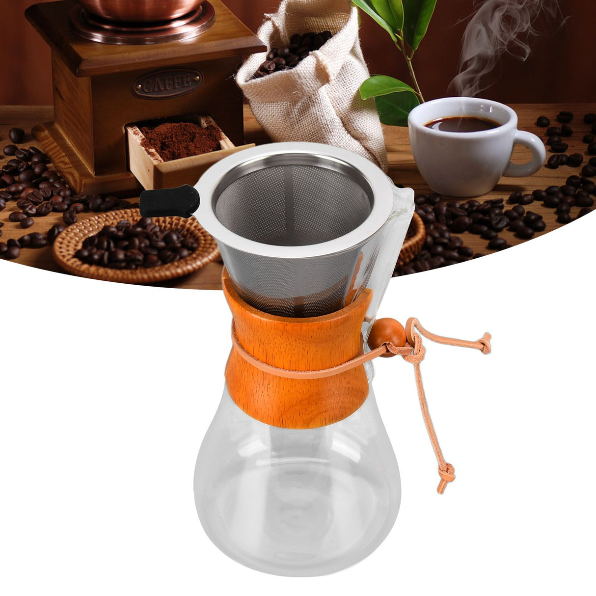 550ml Pour Over Coffee Dripper Bamboo Classic Heat Resistant Glass Coffee Maker for Home Office Coffee Shop