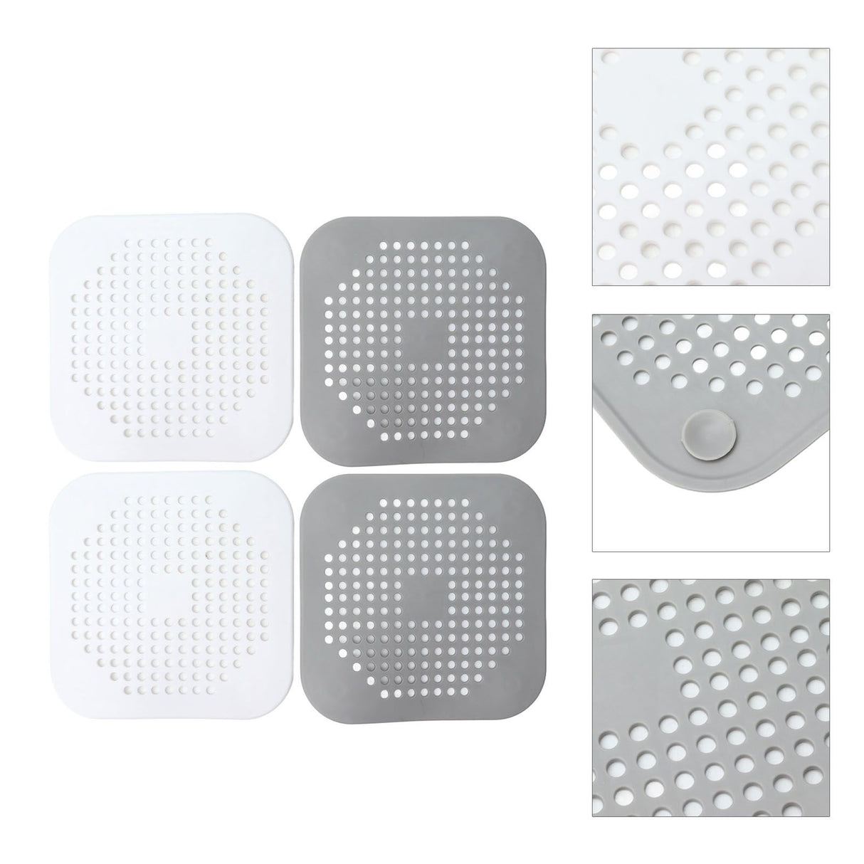 4 Pcs Drain Hair Catcher Square TPR Shower Hair Stopper with Suction Cup for Bathroom Bathtub Kitchen Grey and White