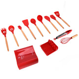13Pcs Silicone Cooking Utensils Set Non Stick Spatula Shovel Wooden Handle Cooking Tools Set Kitchen Supplies Red