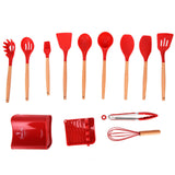 13Pcs Silicone Cooking Utensils Set Non Stick Spatula Shovel Wooden Handle Cooking Tools Set Kitchen Supplies Red - 45-Degree Angle