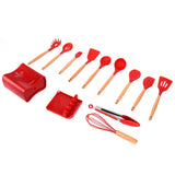 13Pcs Silicone Cooking Utensils Set Non Stick Spatula Shovel Wooden Handle Cooking Tools Set Kitchen Supplies Red - Rear View