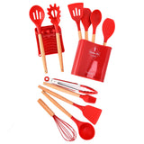 13Pcs Silicone Cooking Utensils Set Non Stick Spatula Shovel Wooden Handle Cooking Tools Set Kitchen Supplies Red