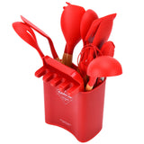13Pcs Silicone Cooking Utensils Set Non Stick Spatula Shovel Wooden Handle Cooking Tools Set Kitchen Supplies Red - Low Angle