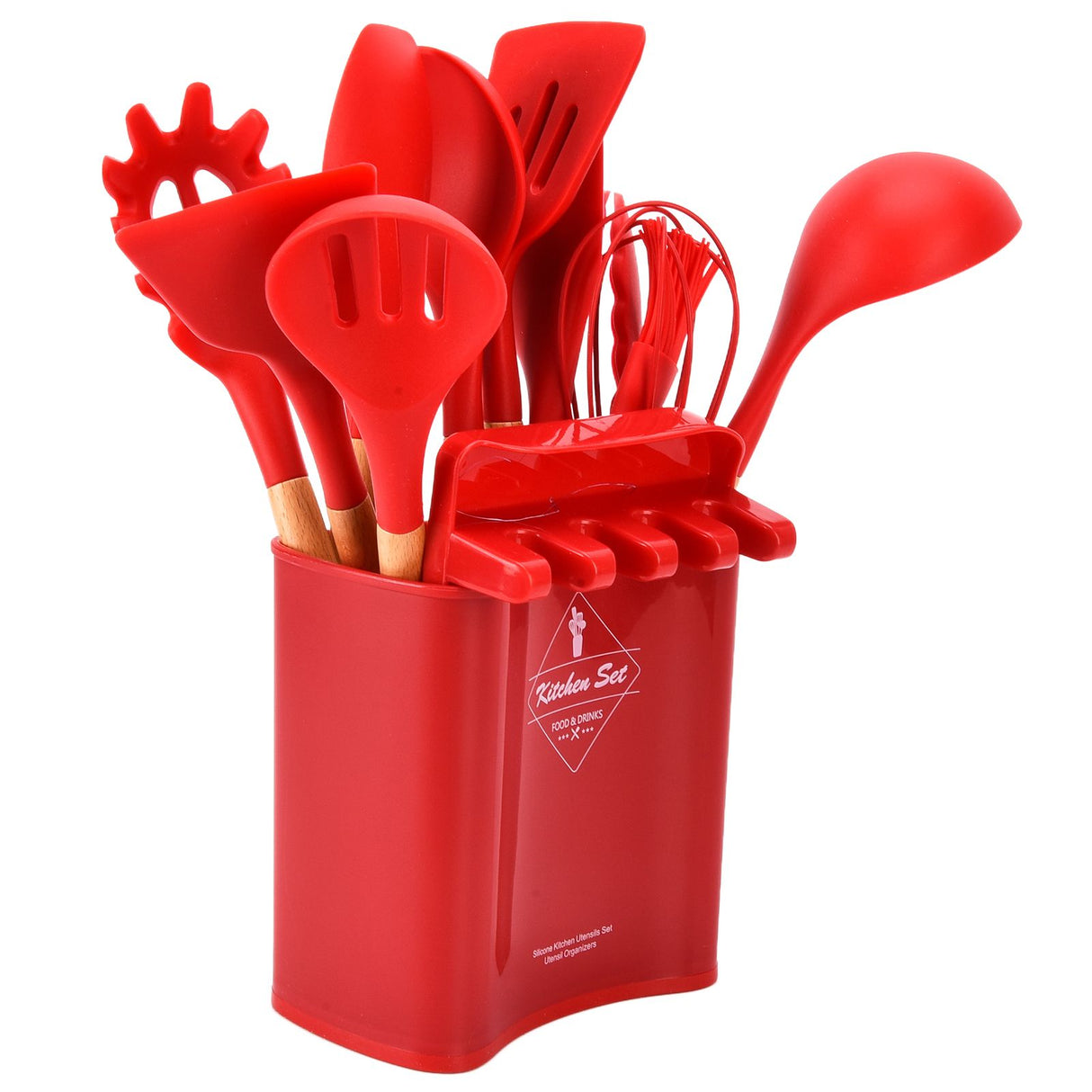 13Pcs Silicone Cooking Utensils Set Non Stick Spatula Shovel Wooden Handle Cooking Tools Set Kitchen Supplies Red