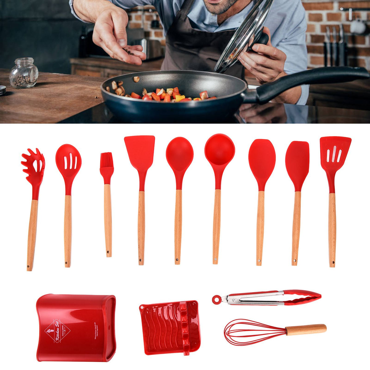 13Pcs Silicone Cooking Utensils Set Non Stick Spatula Shovel Wooden Handle Cooking Tools Set Kitchen Supplies Red