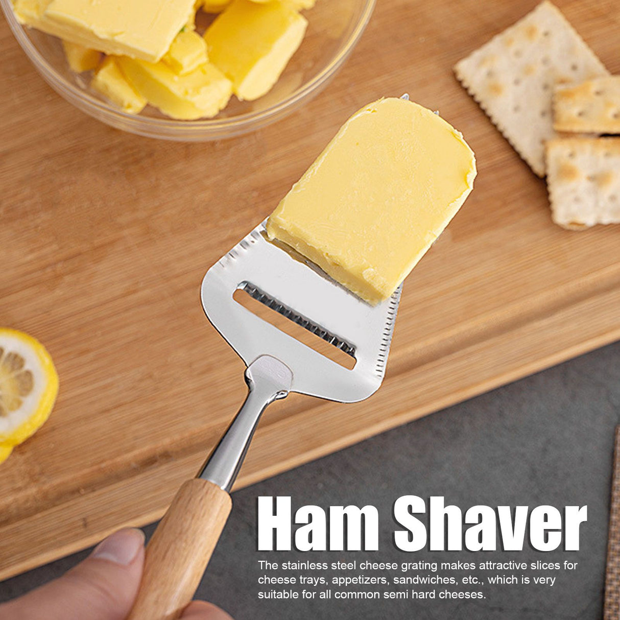 Wood Handle Cheese Spatula Stainless Steel Adjustable Thickness Cheese Planer for Semi Hard Cheese