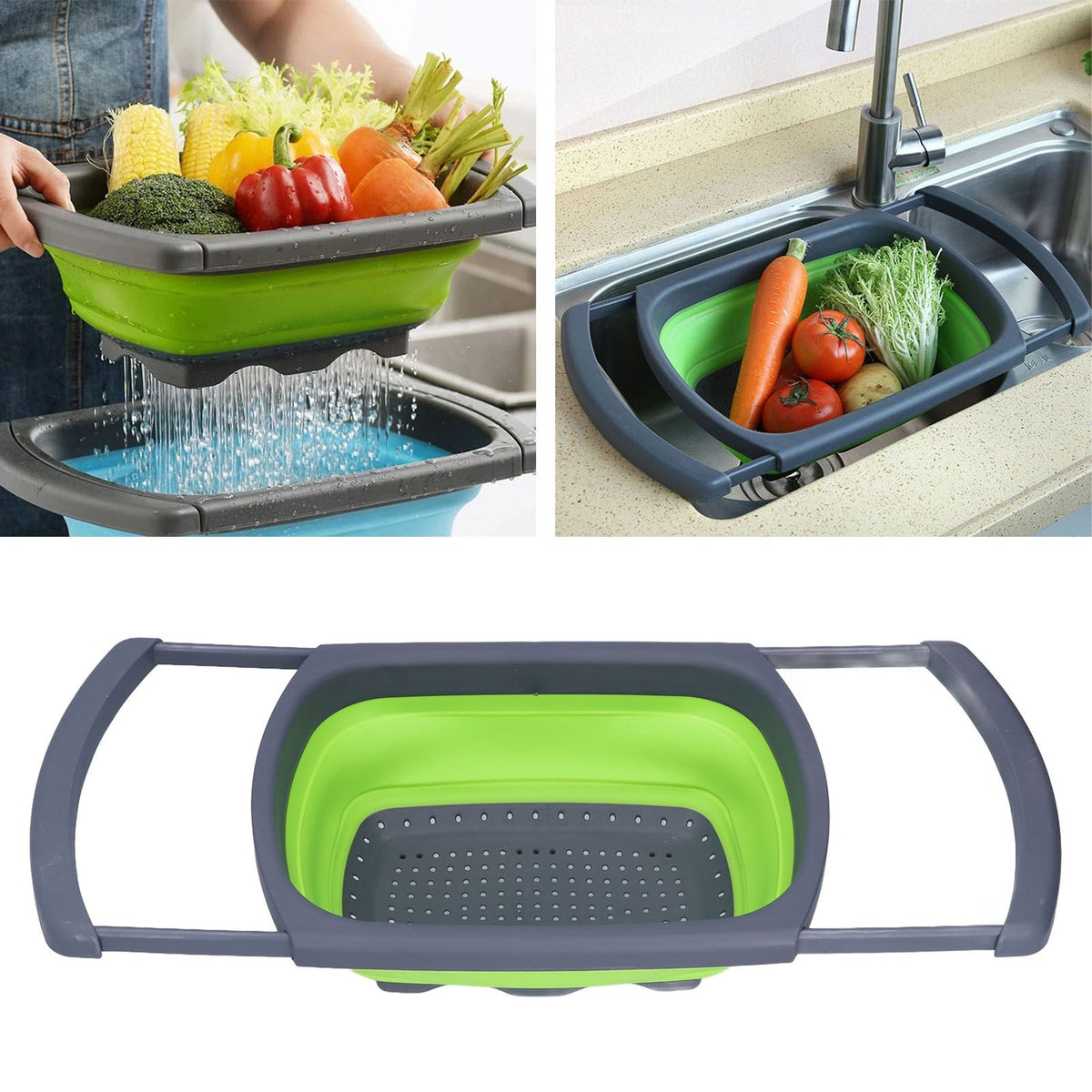 Green Foldable Drain Basket Silicone Collapsible Fruit Vegetable Wash Strainer Basket for Home Kitchen