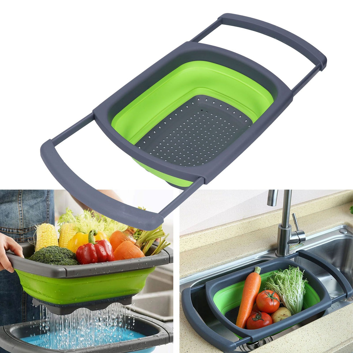 Green Foldable Drain Basket Silicone Collapsible Fruit Vegetable Wash Strainer Basket for Home Kitchen