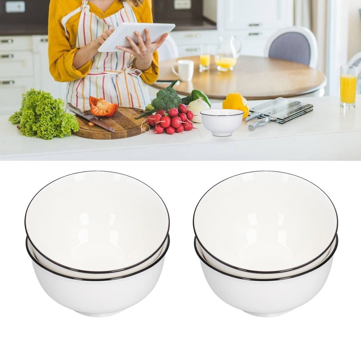 4PCS 6in Soup Bowl White Ceramic Noodle Bowl Eco Friendly Rice Bowl for Kitchen Restaurant