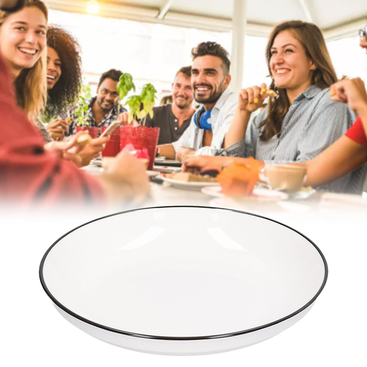 4Pcs Ceramic Dinner Plates Set Black Line Tableware 8 Inch Round Plate for Salads Steak Plate