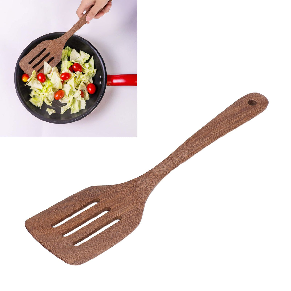 Natural Wood Long Handle Spatula Frying Spatula Round Hole Wall Mounted Kitchen UtensilLeak Spatula