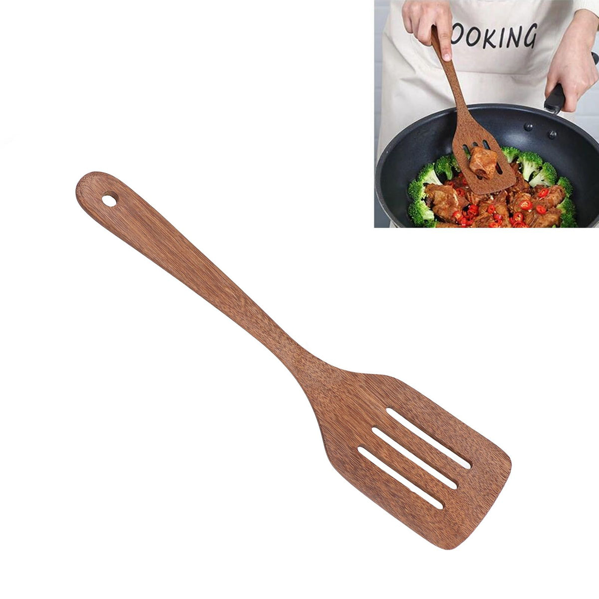 Natural Wood Long Handle Spatula Frying Spatula Round Hole Wall Mounted Kitchen UtensilLeak Spatula