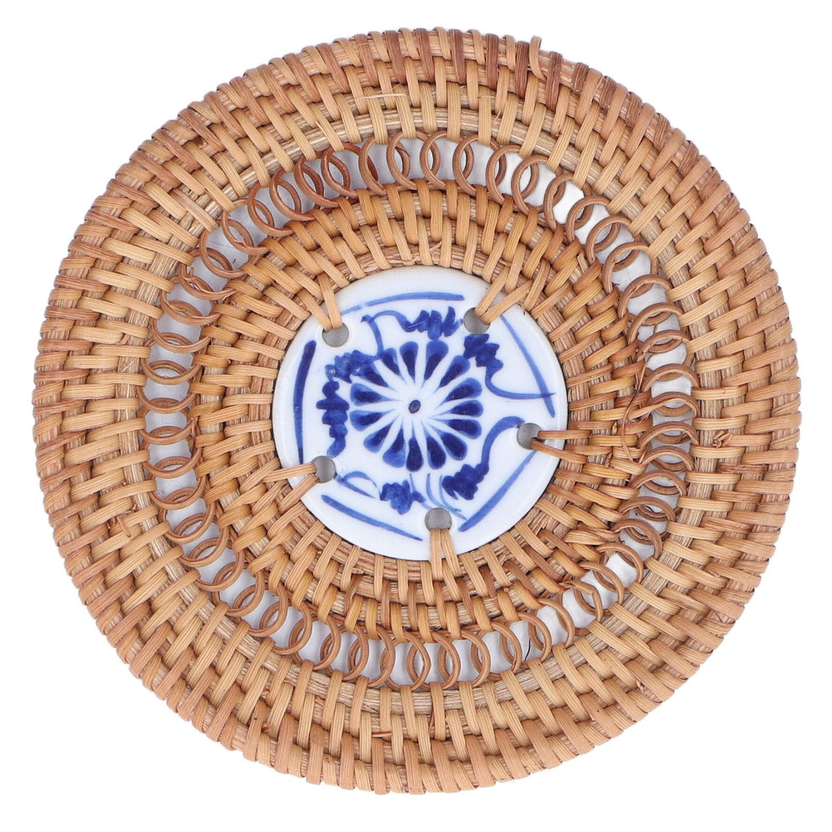 Blue and White Porcelain Coaster Round Woven Rattan Blue White Porcelain Cup Holder for Basil Cups Rattan Cups10cm/3.9in