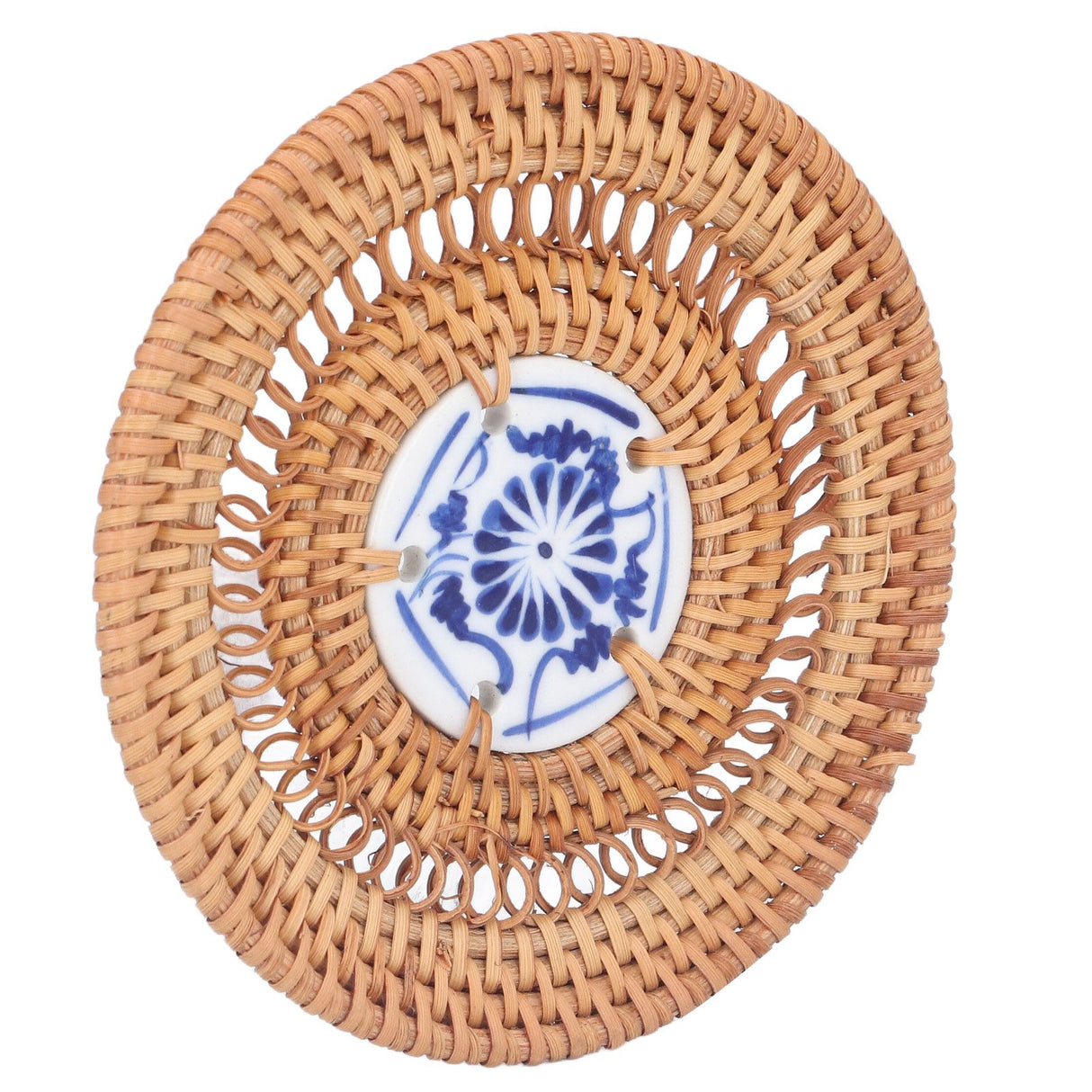 Blue and White Porcelain Coaster Round Woven Rattan Blue White Porcelain Cup Holder for Basil Cups Rattan Cups10cm/3.9in