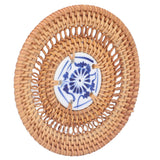 Blue and White Porcelain Coaster Round Woven Rattan Blue White Porcelain Cup Holder for Basil Cups Rattan Cups10cm/3.9in - Front View