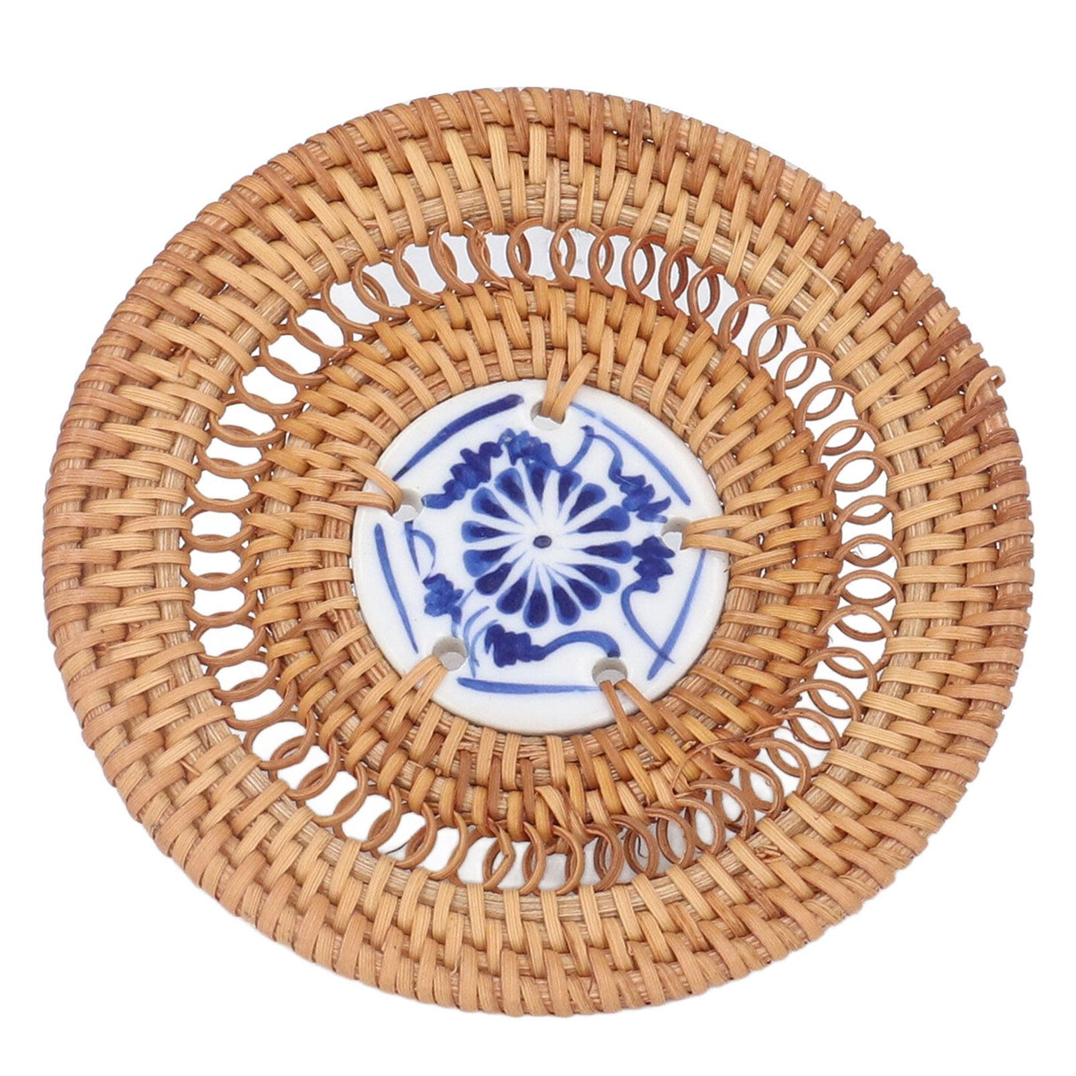 Blue and White Porcelain Coaster Round Woven Rattan Blue White Porcelain Cup Holder for Basil Cups Rattan Cups10cm/3.9in