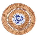 Blue and White Porcelain Coaster Round Woven Rattan Blue White Porcelain Cup Holder for Basil Cups Rattan Cups10cm/3.9in - Side View