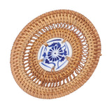 Blue and White Porcelain Coaster Round Woven Rattan Blue White Porcelain Cup Holder for Basil Cups Rattan Cups10cm/3.9in