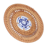 Blue and White Porcelain Coaster Round Woven Rattan Blue White Porcelain Cup Holder for Basil Cups Rattan Cups10cm/3.9in - Rear View