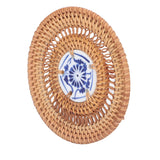 Blue and White Porcelain Coaster Round Woven Rattan Blue White Porcelain Cup Holder for Basil Cups Rattan Cups10cm/3.9in