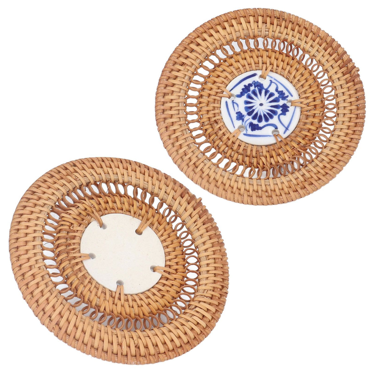 Blue and White Porcelain Coaster Round Woven Rattan Blue White Porcelain Cup Holder for Basil Cups Rattan Cups10cm/3.9in