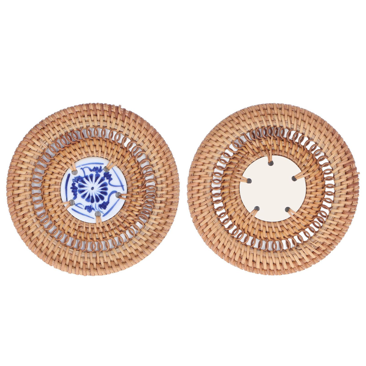 Blue and White Porcelain Coaster Round Woven Rattan Blue White Porcelain Cup Holder for Basil Cups Rattan Cups10cm/3.9in
