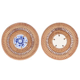 Blue and White Porcelain Coaster Round Woven Rattan Blue White Porcelain Cup Holder for Basil Cups Rattan Cups10cm/3.9in - Extra Image
