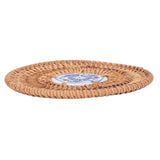 Blue and White Porcelain Coaster Round Woven Rattan Blue White Porcelain Cup Holder for Basil Cups Rattan Cups10cm/3.9in