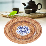 Blue and White Porcelain Coaster Round Woven Rattan Blue White Porcelain Cup Holder for Basil Cups Rattan Cups10cm/3.9in - Extra Image